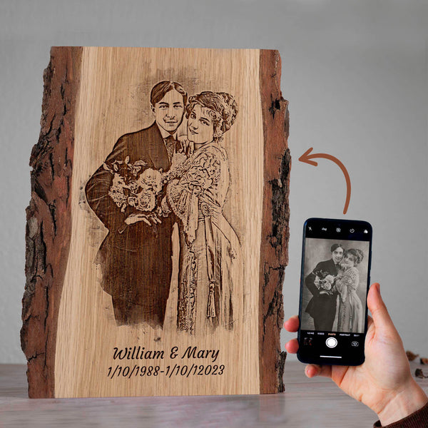 Gepersonaliseerde Pyrografie Kunst - Oude Foto Gebrand op Hout met Schors