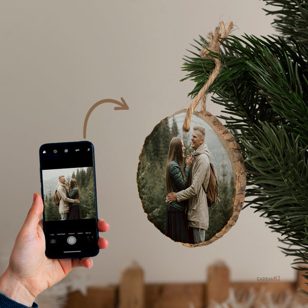 Koppel Gepersonaliseerde ornament - Fotocadeau op hout met schors