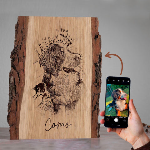 Gepersonaliseerde houtgravure van een hond, foto gegraveerd op hout met schors – uniek dierencadeau