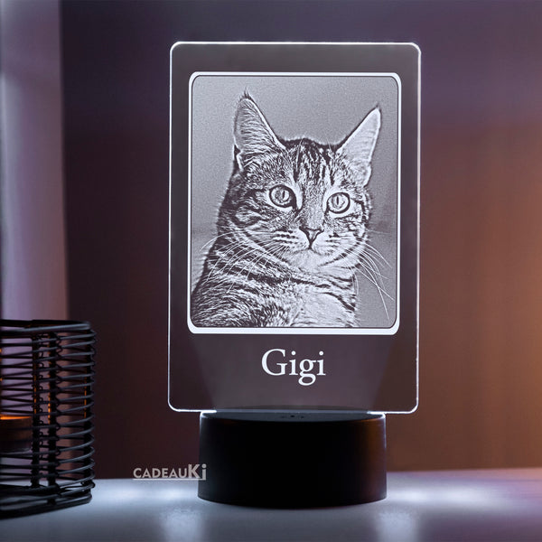 Gepersonaliseerde LED-lamp met gegraveerd kattenportret van 'Gigi' in witte verlichting.