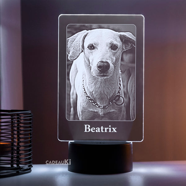 Gepersonaliseerde hondenfoto LED-lamp met naam 'Beatrix' in koele witte gloed