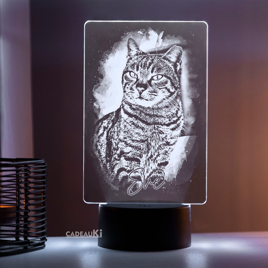  3D Lamp gegraveerde met de foto en naam van een kat - Uniek decoratiestuk.