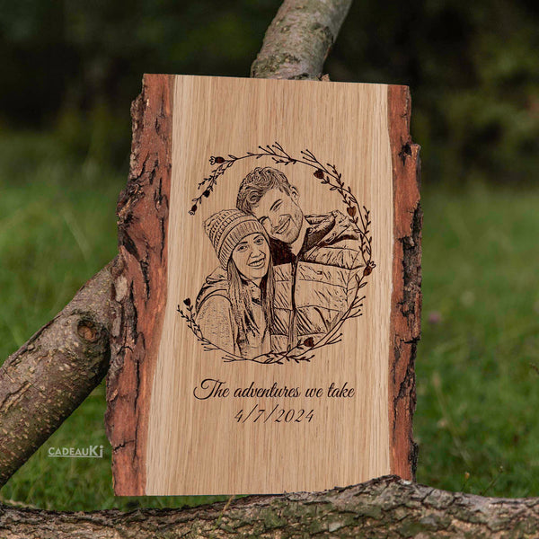 Gepersonaliseerd Houten Portret met Schors – Jouw Momenten Vereeuwigd met Pyrografie