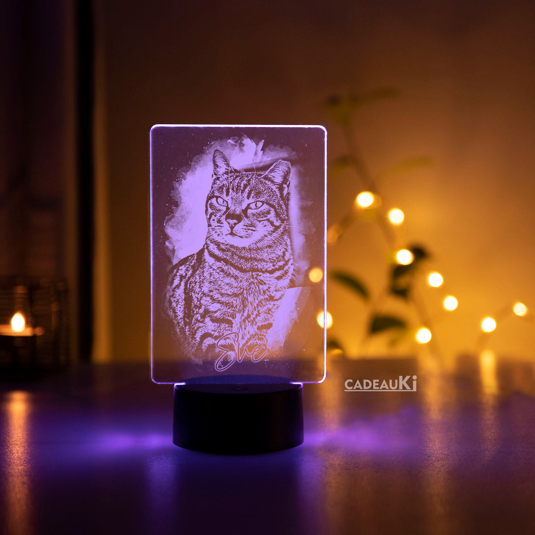 Custom LED herdenkingslamp met gegraveerde kattensilhouet in rustgevend paars licht.