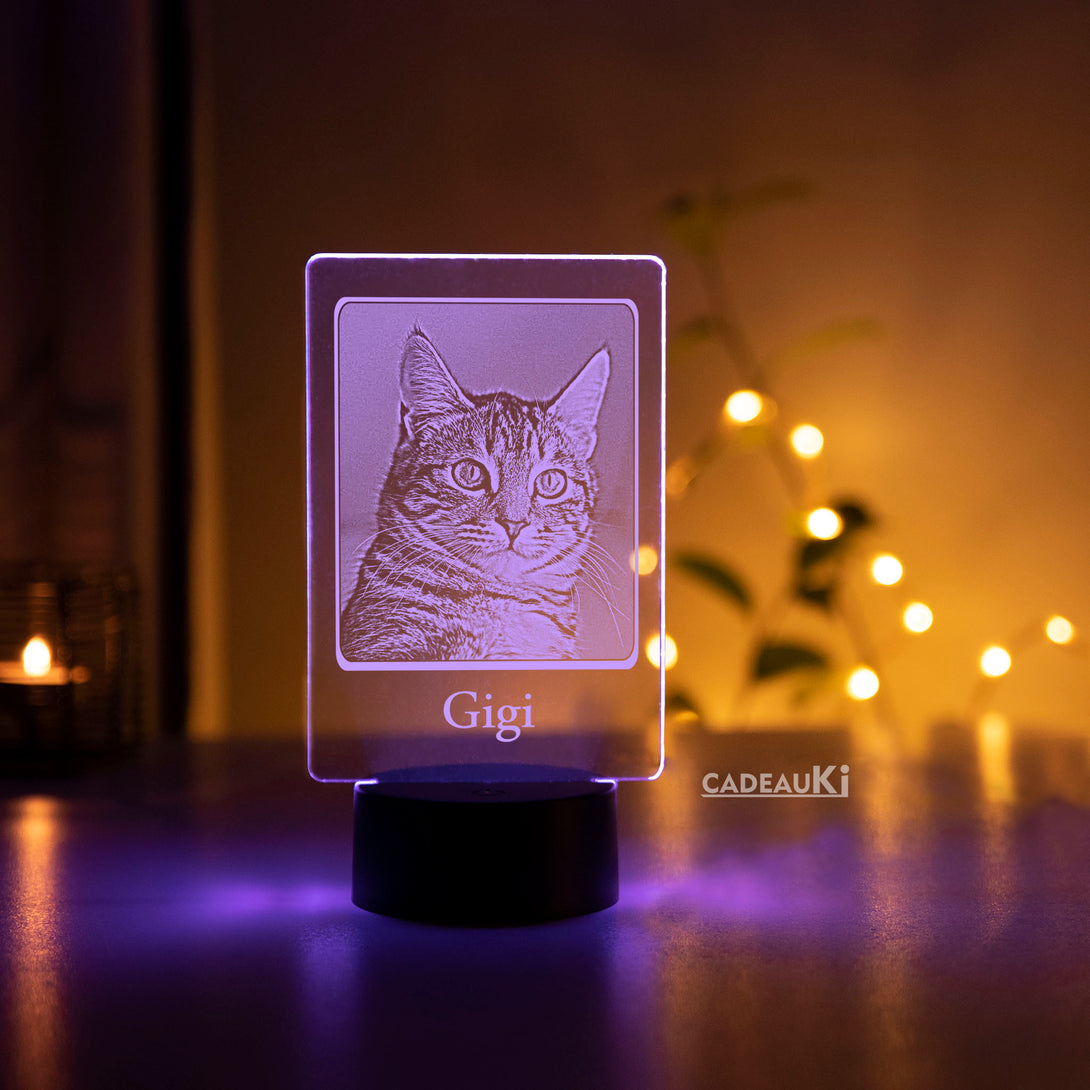 Custom LED-lamp met paarse gloed en gegraveerd portret van kat 'Gigi'.