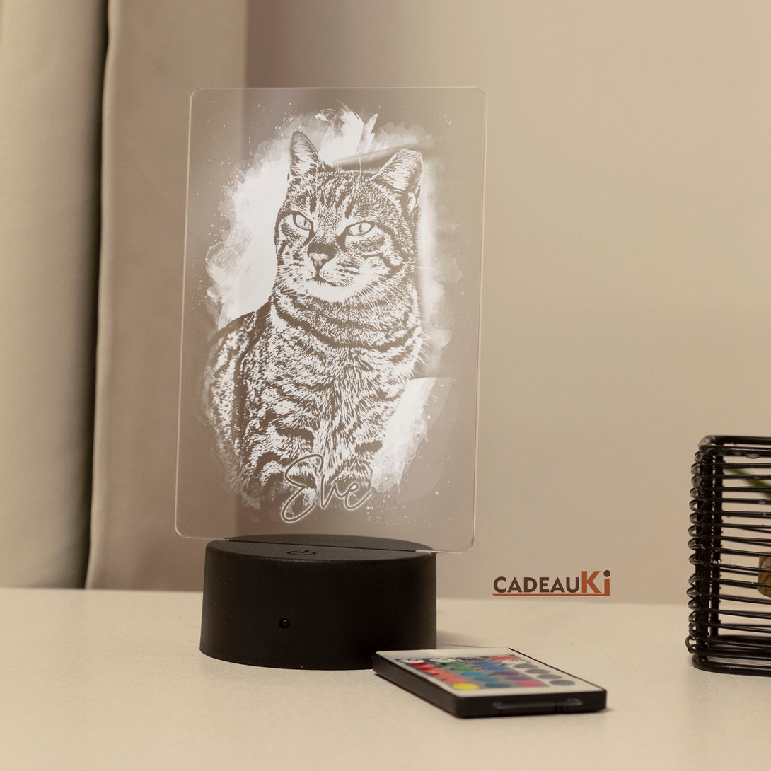 Gegraveerde LED herdenkingslamp met kattensilhouet in natuurlijke daglichtsetting.