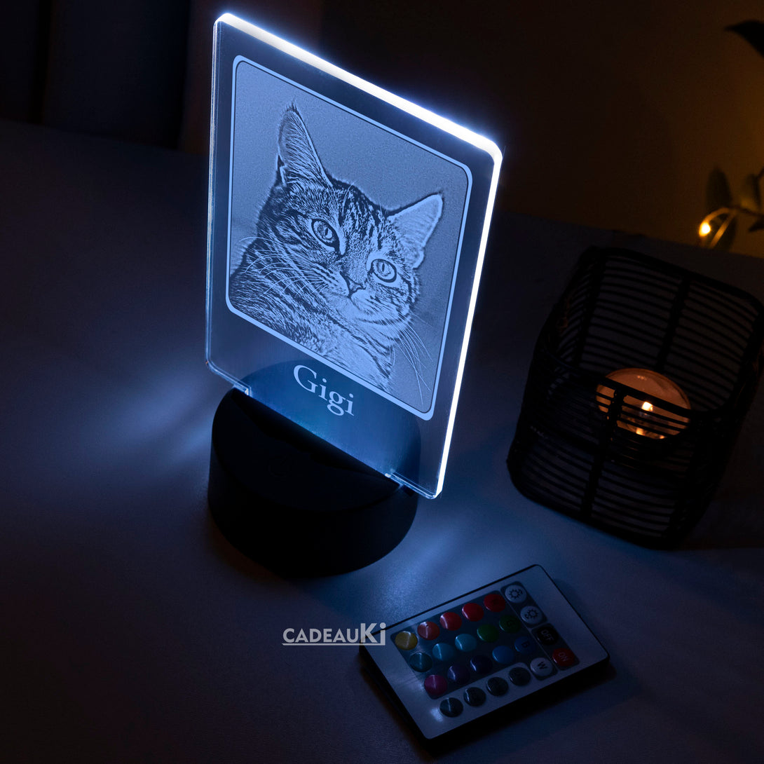 LED-lamp met gepersonaliseerd kattenportret 'Gigi' verlicht in kalmerend blauw.