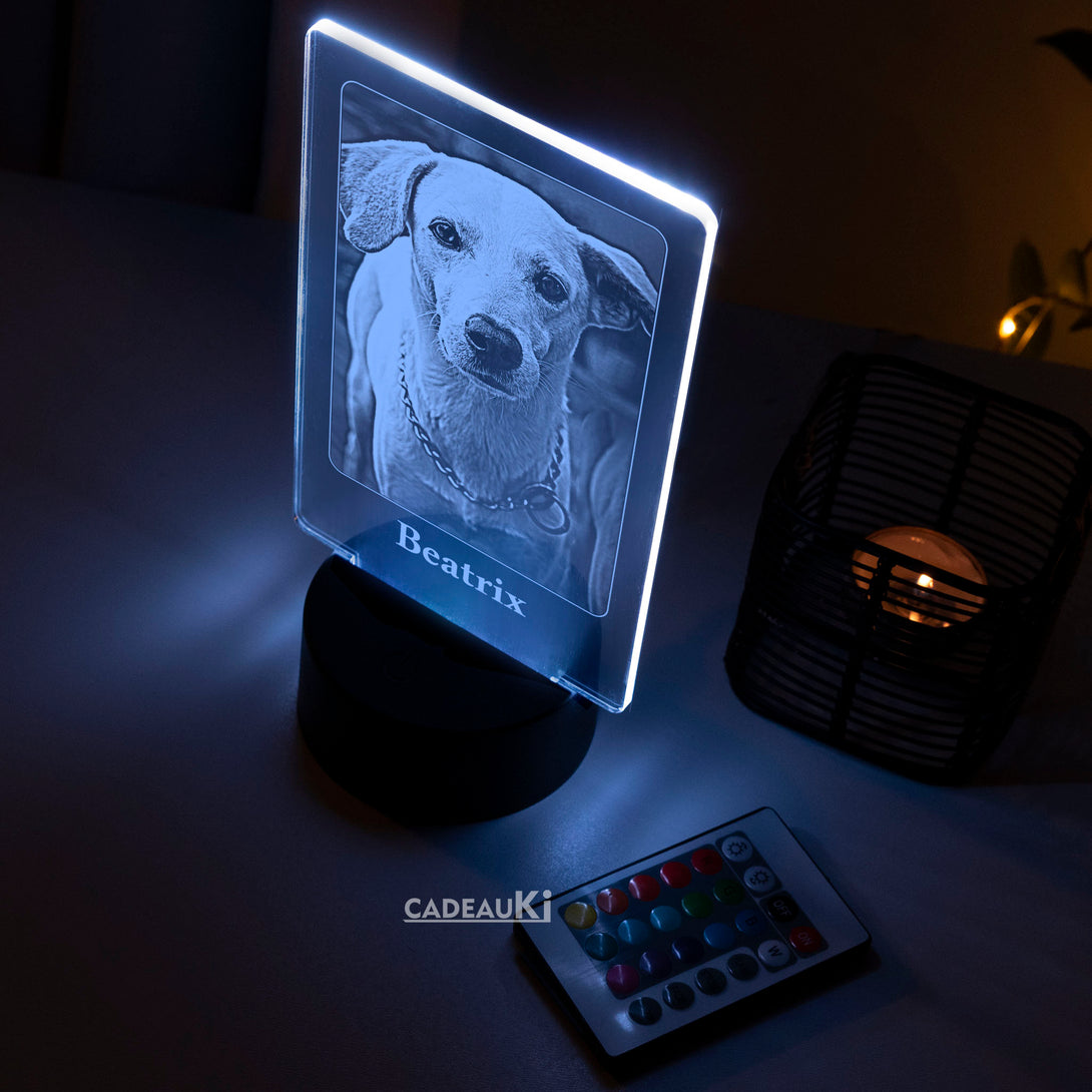 LED-lamp met naamgravure 'Beatrix' en hondenfoto in blauwe verlichting