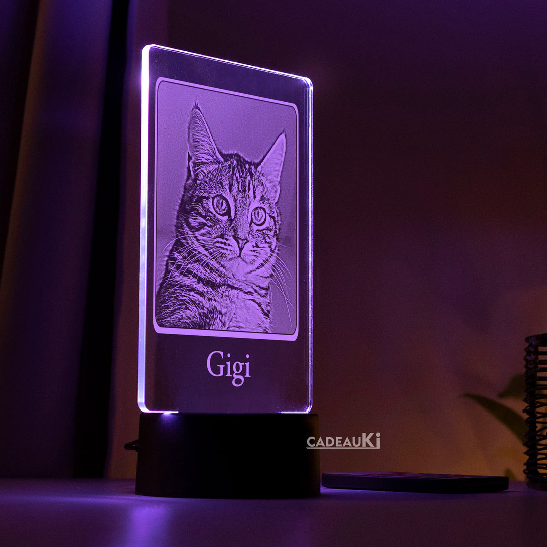 Aangepaste 'Gigi' kattenportretlamp met paarse LED-verlichting voor een sfeervol effect.