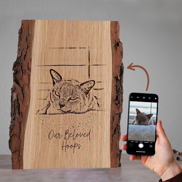 Getekend en Gebrand Portret van Jouw Kat op Hout met Schors - Pyrografie - Foto Houtbranden