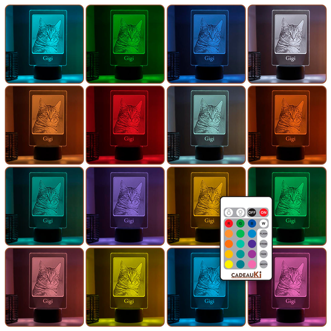 LED-lamp met veelkleurige verlichtingsopties, gepersonaliseerd met kattenportret 'Gigi'.